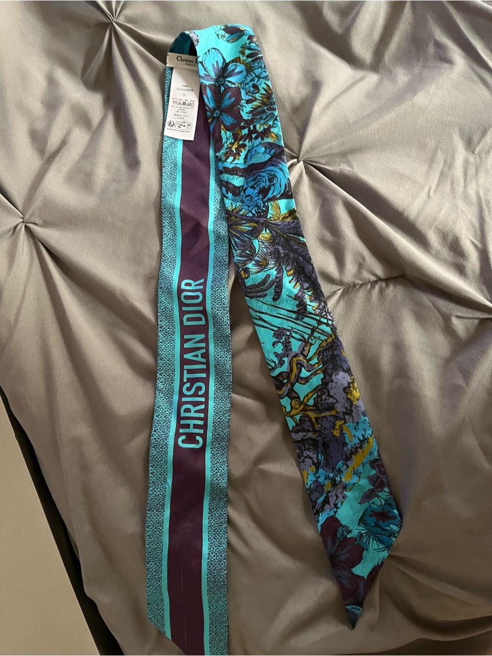 Christian Dior Turquoise Floral Twilly with Purple Accents